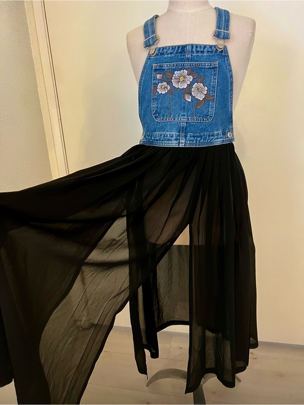 Denim Floral Appliqué Maxi Pinafore Dress - Black